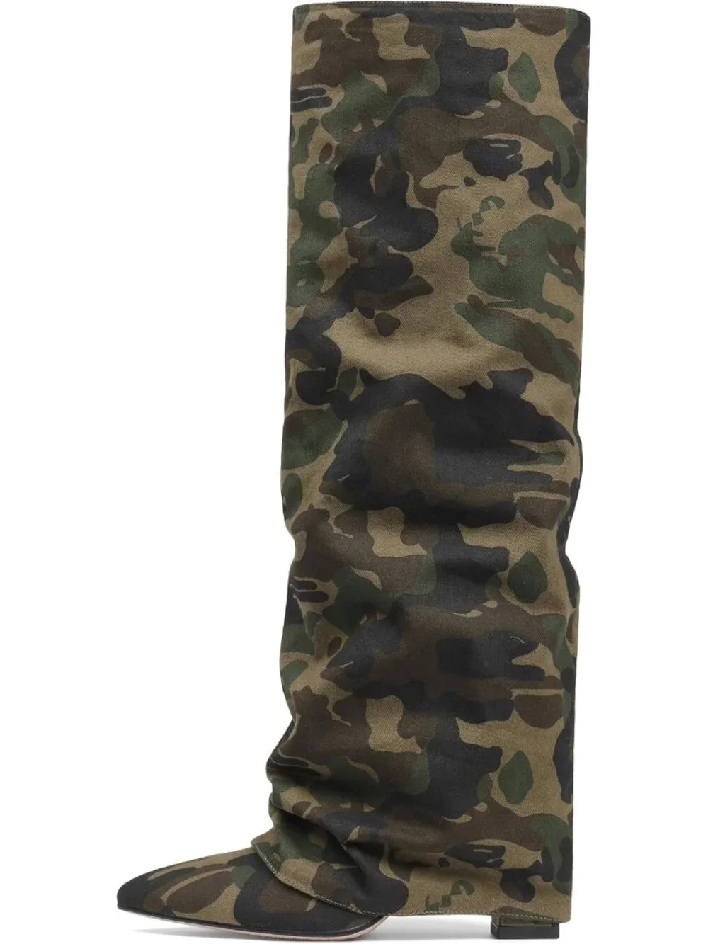 Women's Camoflage Pointed Toe Fold Over Chunky Block Heel Slouchy Knee High Boot